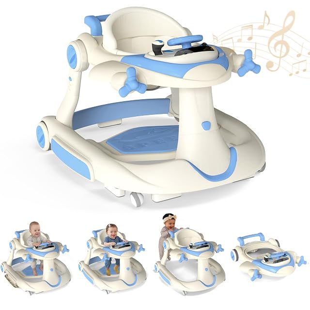 7-in-1 Baby Walker with Wheels Anti-Slip Base Speed Control 3 Level Adjustable Height with Music Lights Box Foldable