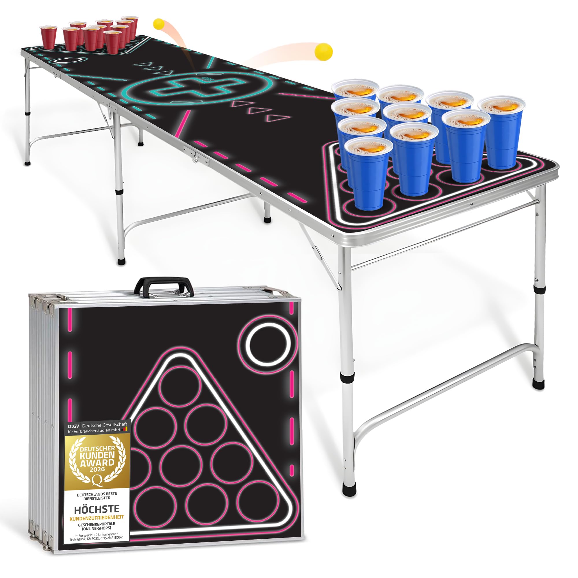 GOODS+GADGETS Klappbarer Bierpong-Tisch Set - Praktischer Beer Pong Tisch - Hohenverstellbar & Kratzfest - Perfekt für Jede Party (Neon)