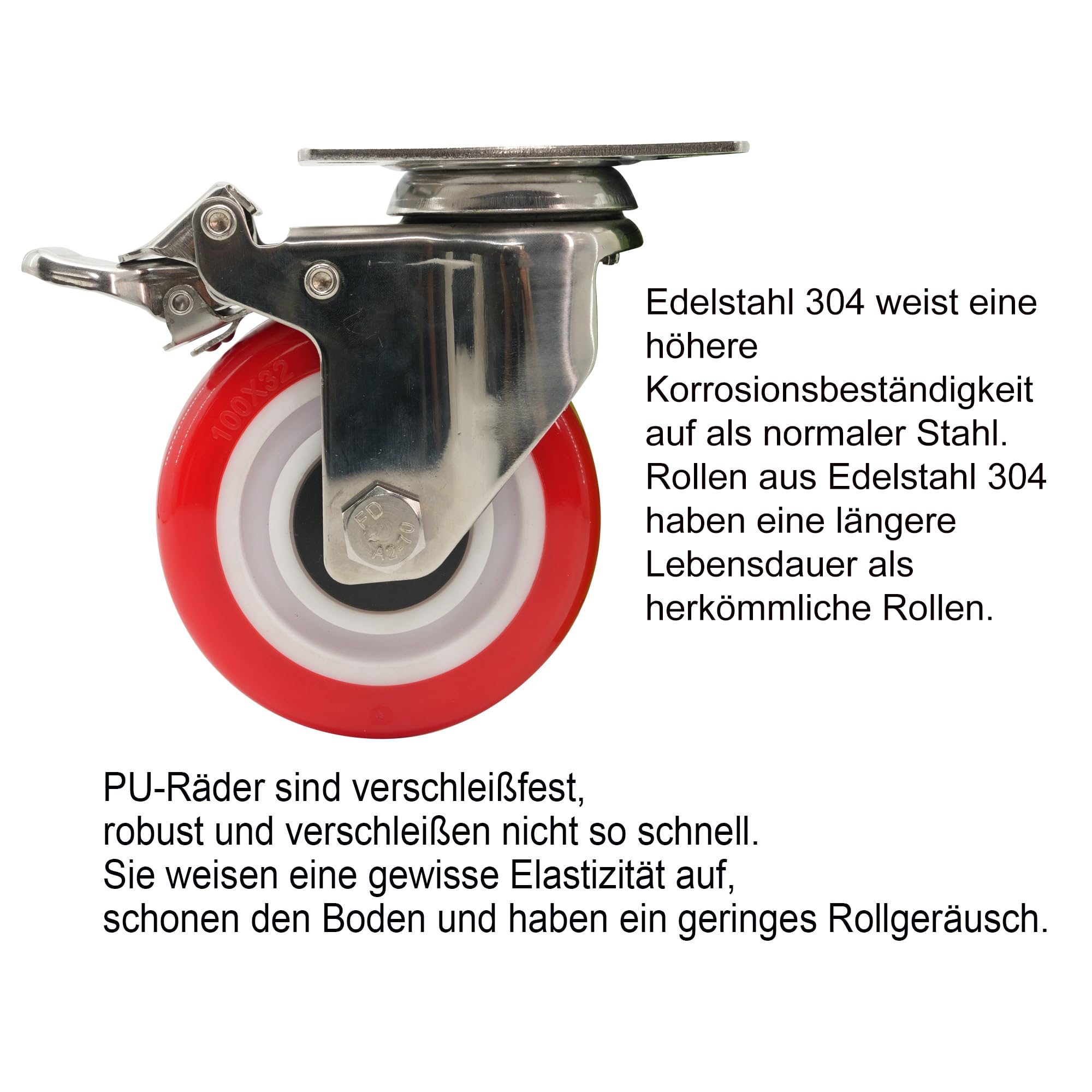 4 Stück Edelstahl 304 Schwerlastrollen Mit Bremse 100mm 4 Zoll Bis 800 kg Korrosionsbeständige Industrierollen Rot Lenkrollen Transportrollen Möbelrollen Leise Rollen Mit Schrauben
