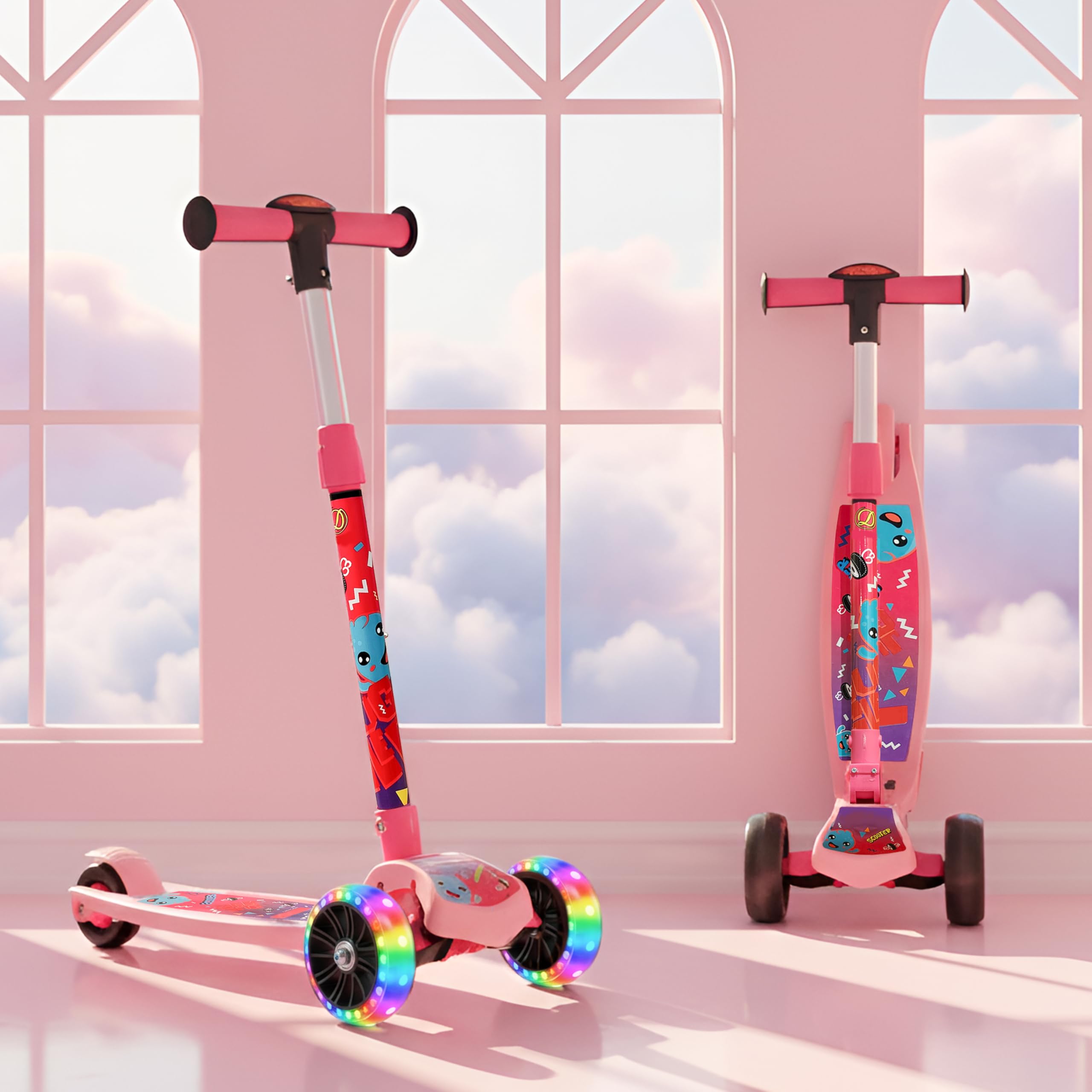 Kidsmate Fliprider 3 Wheel Kick Scooter for Kids 3-8 Years | Foldable Design with 3-Level Adjustable Height | LED Light-Up Wheels | Fun, Safe & Durable Kids Scooters for Boys & Girls - Pink-image-41