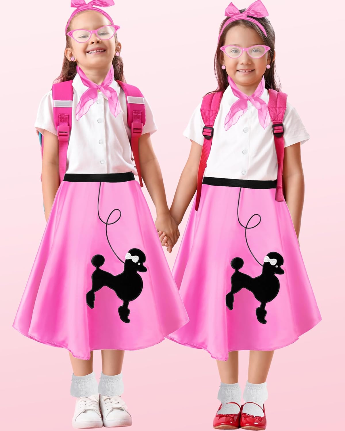 1950s Kids Poodle Skirt 50s Sock Hop Costume with Shirt Scarf Headband Earrings Glasses Socks