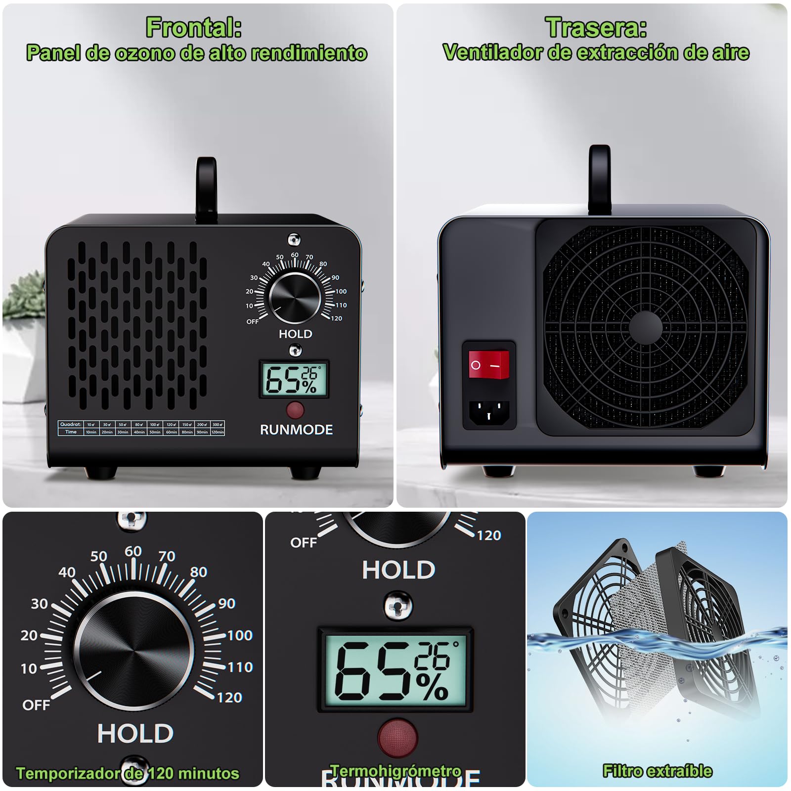 Generatore di ozono Professionale 60000 mg/h, dispositivo di ozono con indicatore di temperatura e umidità, purificatore d'aria con timer da 120 minuti,300 ㎡, per Casa Ambienti, Auto, Uffici, Hotel