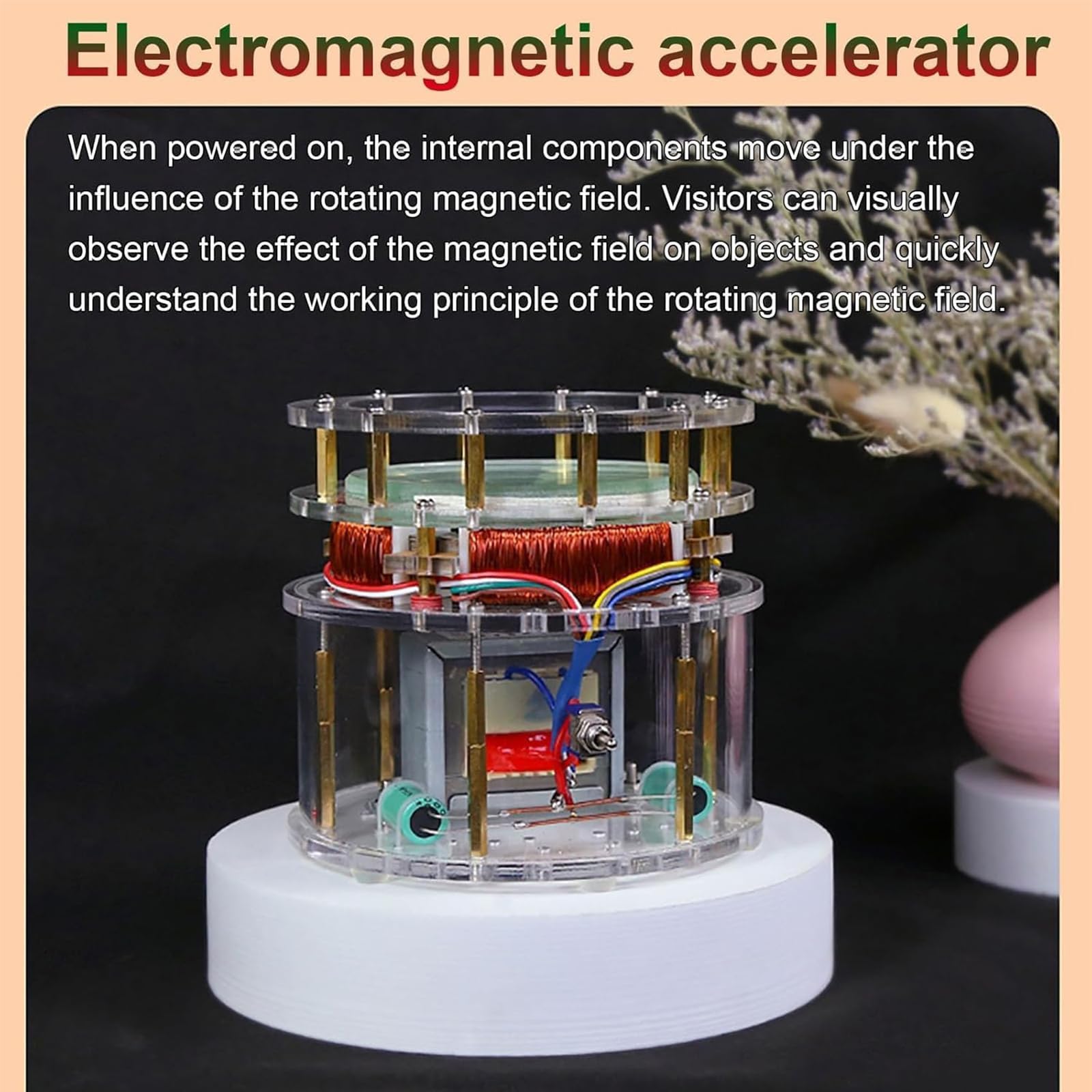 NGARY Elektromagnetyczny model laboratoryjny cyklotronu, obracający się mini model pola magnetycznego z kulką 35 mm z litego mosiądzu, inspirujące umysły naukowe, prezent dla dzieci i młodzieży