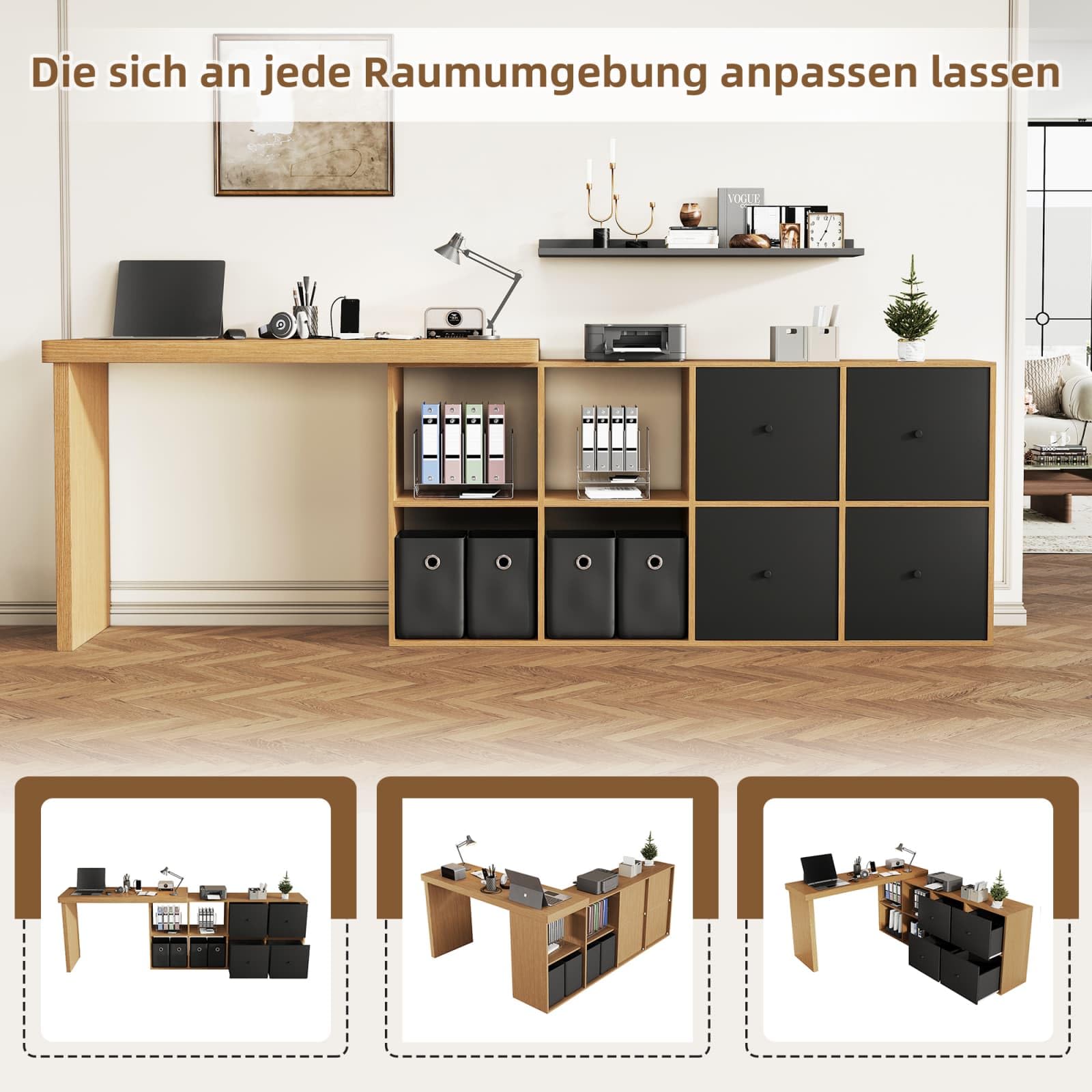 Sweiko Bureau d'angle Informatique Pivotant 360° avec 4 Tiroirs de Rangement, Bureau Modulaire avec Étagères Ouvertes, bibliothèque pour Home Office et Chambre Ado