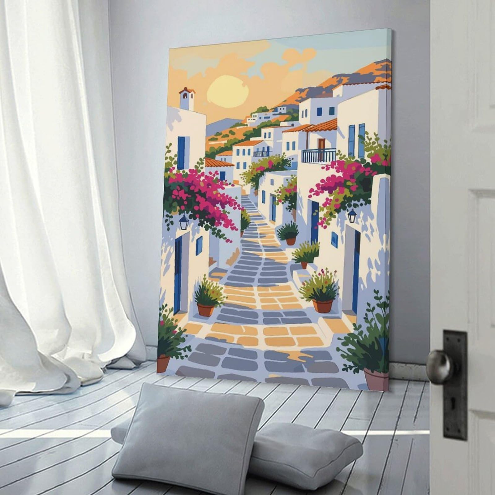 Junmoney Wall Decor Canvas Print Greek Village Street Scene Illustration, 20x30inch(50x75cm), for Home Lounge, Bedroom Or Reading Nook, Canvas Styling for A Polished Room Look