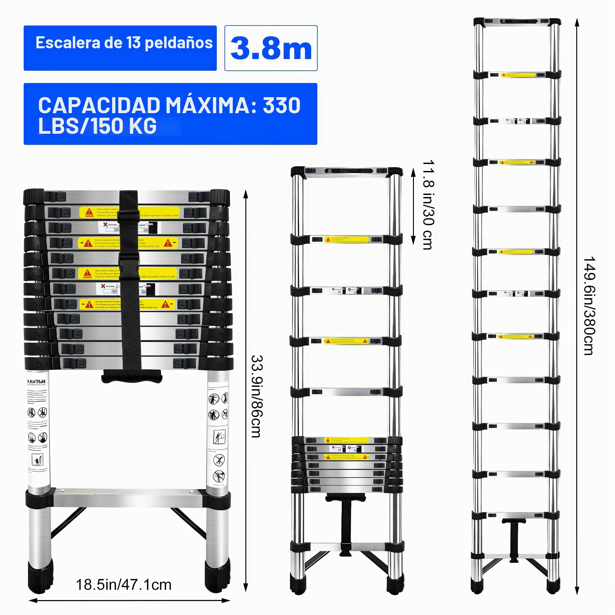 Escalera Telescópica de 3.8m,Escalera Plegable Acero Inoxidable,Escalera con cierre de seguridad con Patas Antideslizantes,Escalera Extensible,Para Mantenimiento,Techos,Camping,Capacidad MáXima 150 Kg