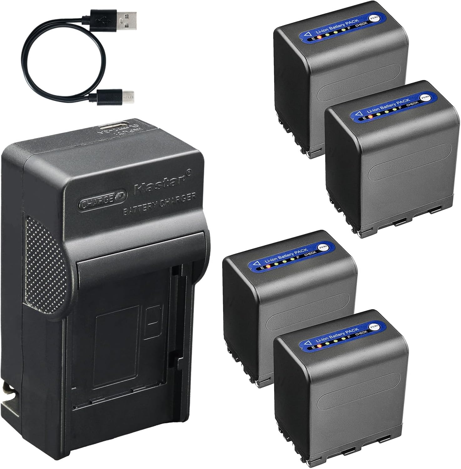 Kastar 4-Pack Battery & AC USB-C Charger Replacement for Sony NP-QM91D QM71D QM50 QM51 QM71 QM91 FM70 FM90, for DCR-TRV250 TRV350 TRV950, DCR-DVD HC PC Camcorders