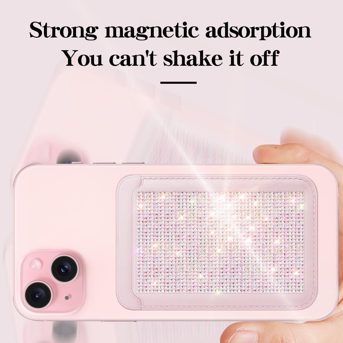 Strong Magnetic Bling Card Holder Wallet Compatible with MagSafe for Women Girls,Leather Wallet with Glitter rhinestone for iPhone 16/15/14/13/12 Series,Sparkle Magnetic Phone Wallet,Pink - Image 4