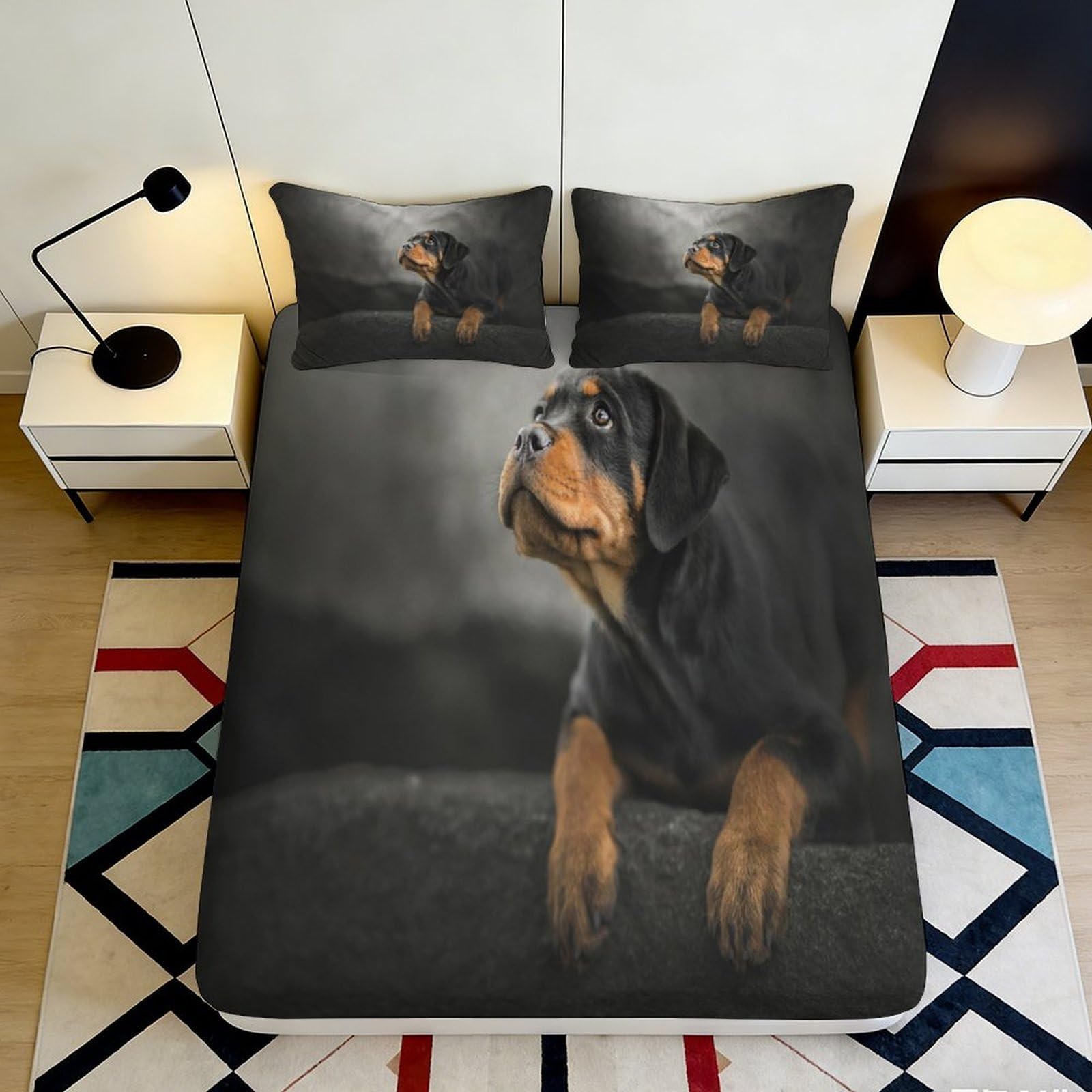 3D Printed Rottweiler Dog Fitted Sheet Microfiber Soft Black Brown Bed Sheet for Bedroom Dorm Mattress Decor 90x200x25cm