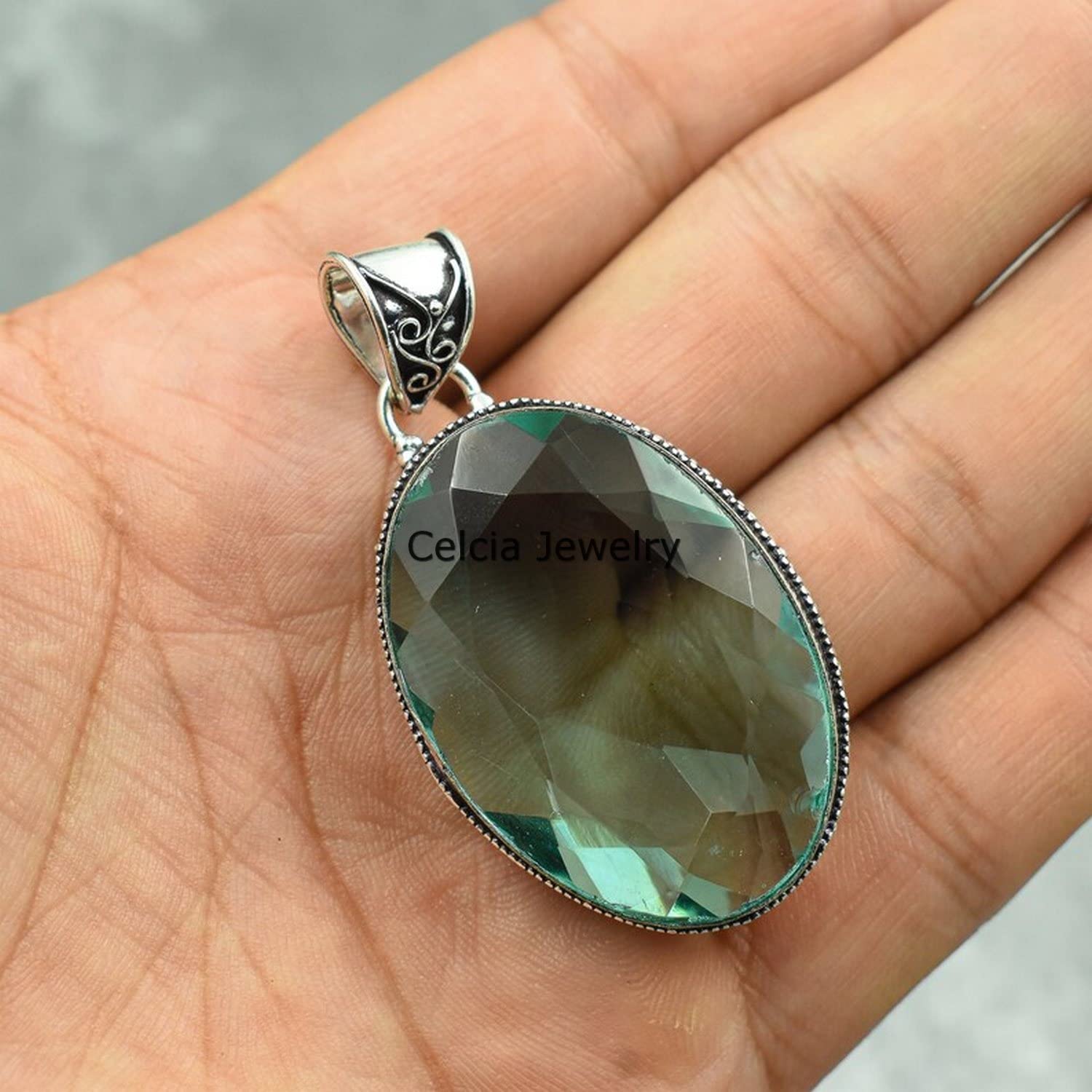 Massiver 925er Sterlingsilber-Anhänger für Damen und Herren, echter ovaler blauer Topas-Edelstein, einzigartiger handgefertigter November-Geburtsstein-Anhänger