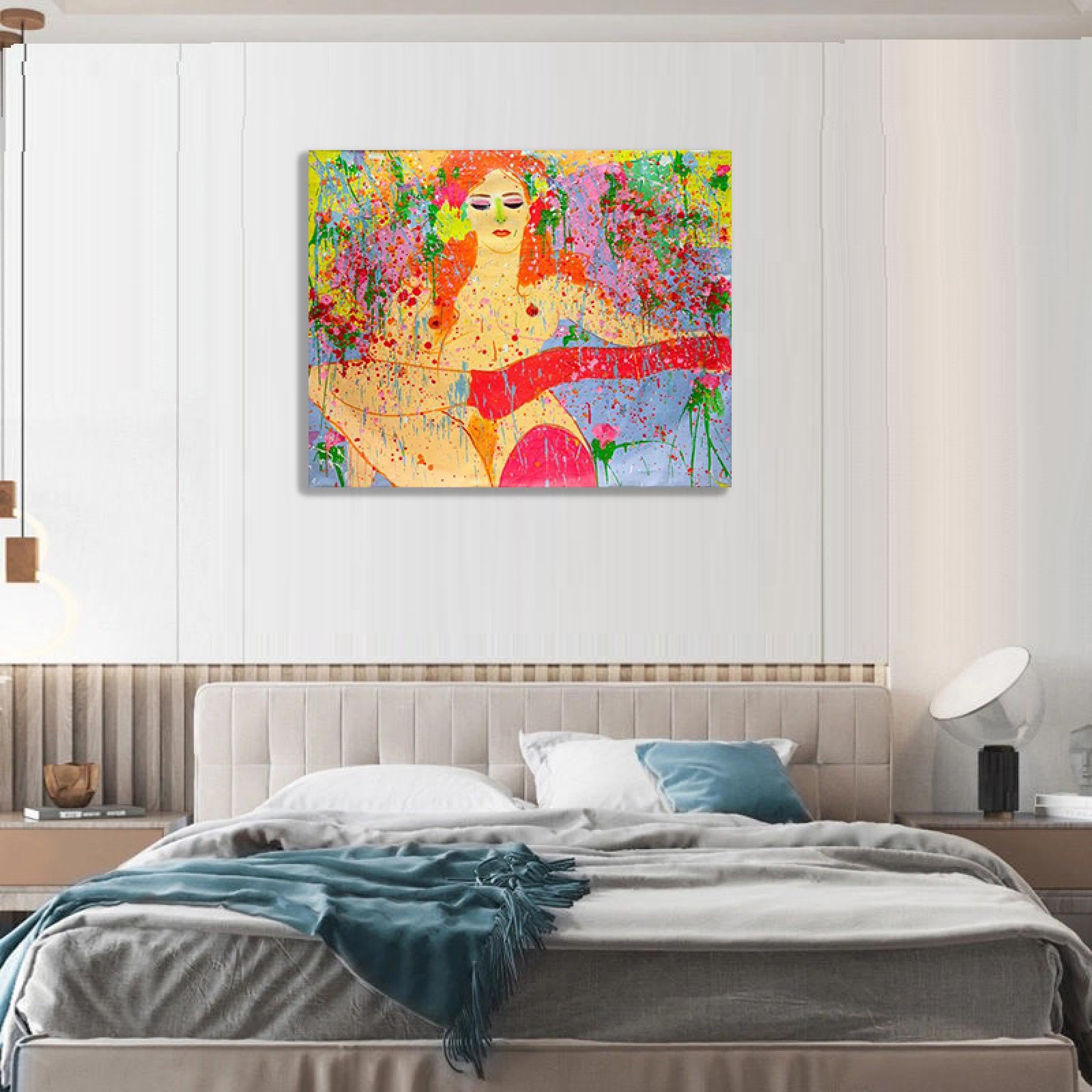 RKGHDCX Dipinti astratti famosi di Walasse Ting Poster e stampa su tela Voglio restare a casa stasera, 1974" Riproduzione di quadri famosi su Tela per soggiorno Decor 90x115cm(35x45in) Incorniciato
