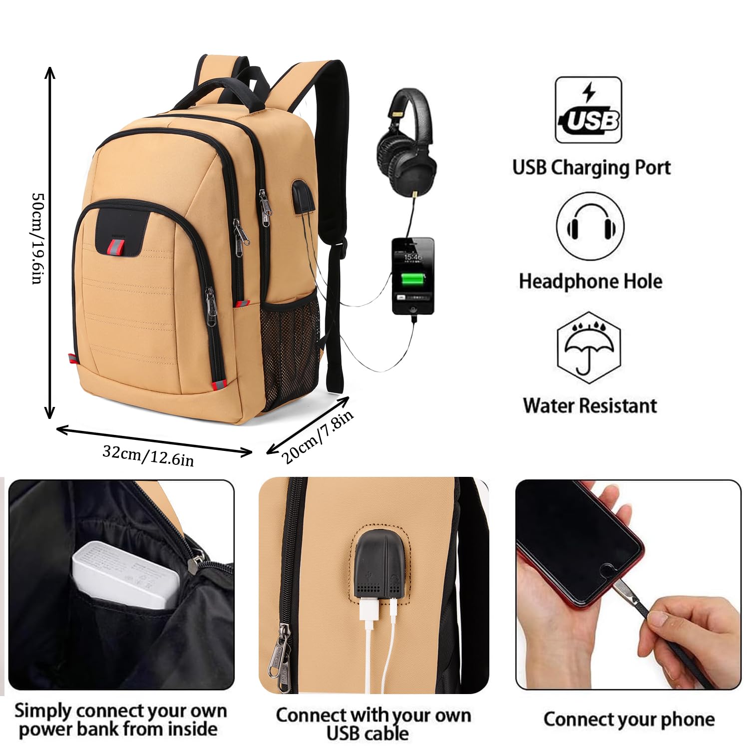 Della Gao Zaino da uomo da lavoro impermeabile zaino da scuola per donna con porta di ricarica USB per uomini donne scuola lavoro viaggio