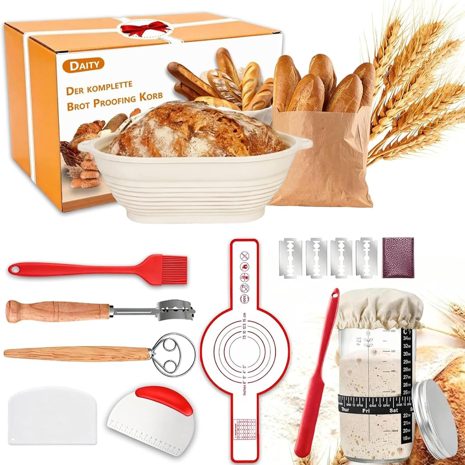 Daity Kit di avviamento a lievitazione, attrezzatura per la cottura del pane da 11 pezzi, cestino per pane ovale pieghevole da 28 cm, set da forno per pane cotto a mano per principianti e panettieri