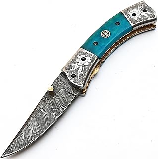 PAL 2000 KNIVES POC-8833 Handmade Damascus Steel Folding Knife Ram Horn Handle With Sheath - PAL 2000 KNIVES