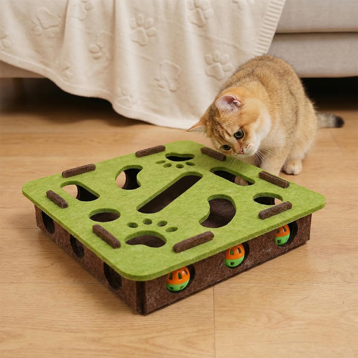 Labyrinthe Jouet en Feutre pour Chat Vert/Marron - 30 x 30 x 7 cm avec 3 Boules Cloches Boîte à gratter Puzzle interactif en Feutre Fenêtre Interactive pour Chats et Chatons