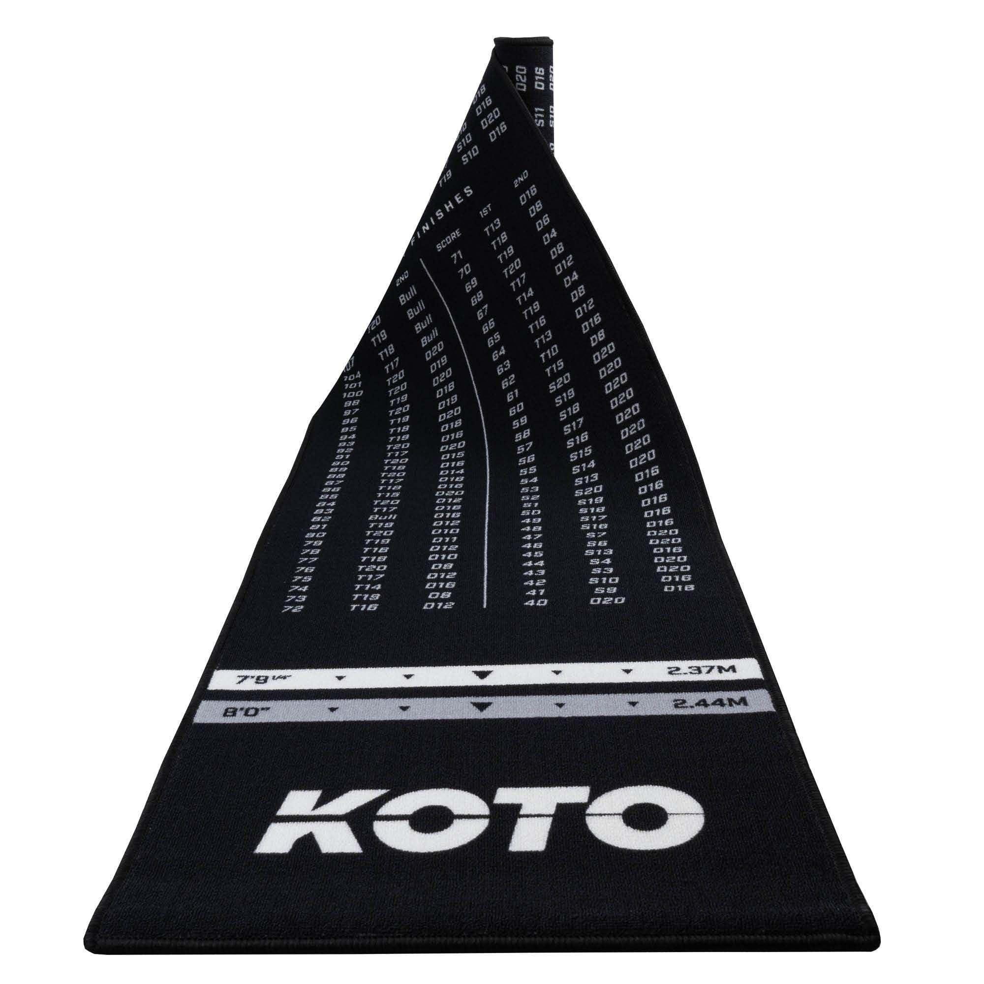 KOTO - Tapis Checkout Noir, 285 x 60 cm + Oche INCL. Indicateur de Score, Tapis de Fléchettes Antidérapant