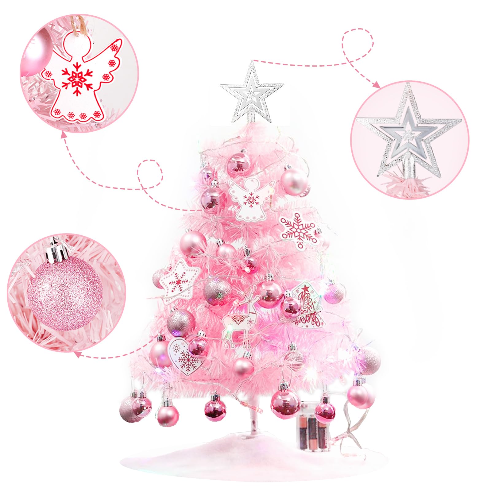 DAZZTIME Albero di Natale Artificiale Rosa 60 cm,Mini Albero di Natale da Tavolo con stella Albero di Natale, Palla di Natale,Luci a Led e Decorazioni ,per decorazioni domestiche di Natale