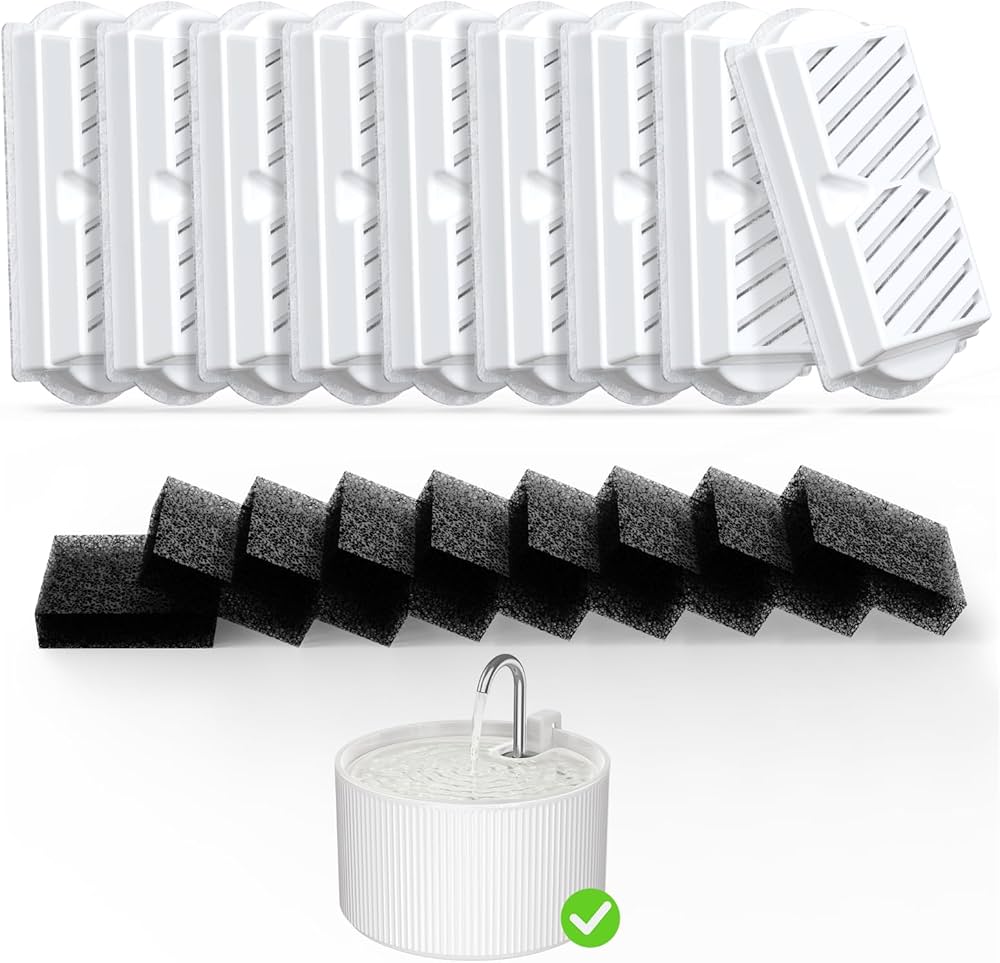 Voluas Cat Water Fountain Filters Replacement & Pre-Filter Sponges for 2.2L/74oz Ceramic Fountain, Cat Water Dispenser – 9 Pack Filters & 9 Pre-Filter Sponges