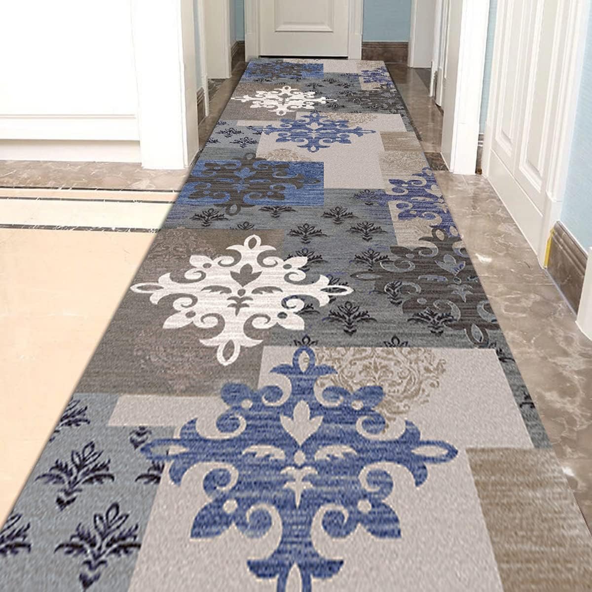 Brown Blue Retro Accent Floral Runner Rugs for Hallway
