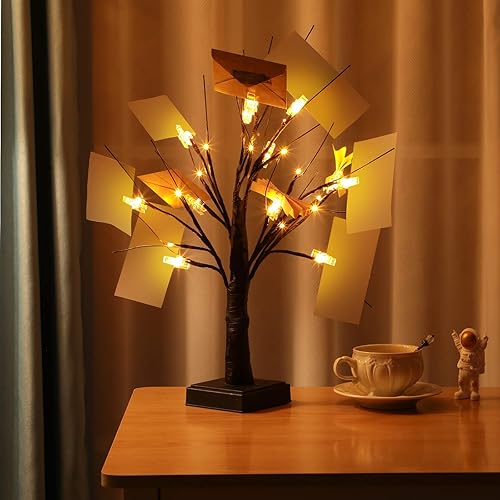 Miniatura 3 de 2 soportes de regalo para árbol de dinero, 17 pulgadas, 1.5 pies, árbol de abedul de mesa iluminado con luces LED con 24 clips, árbol de tarjetas de