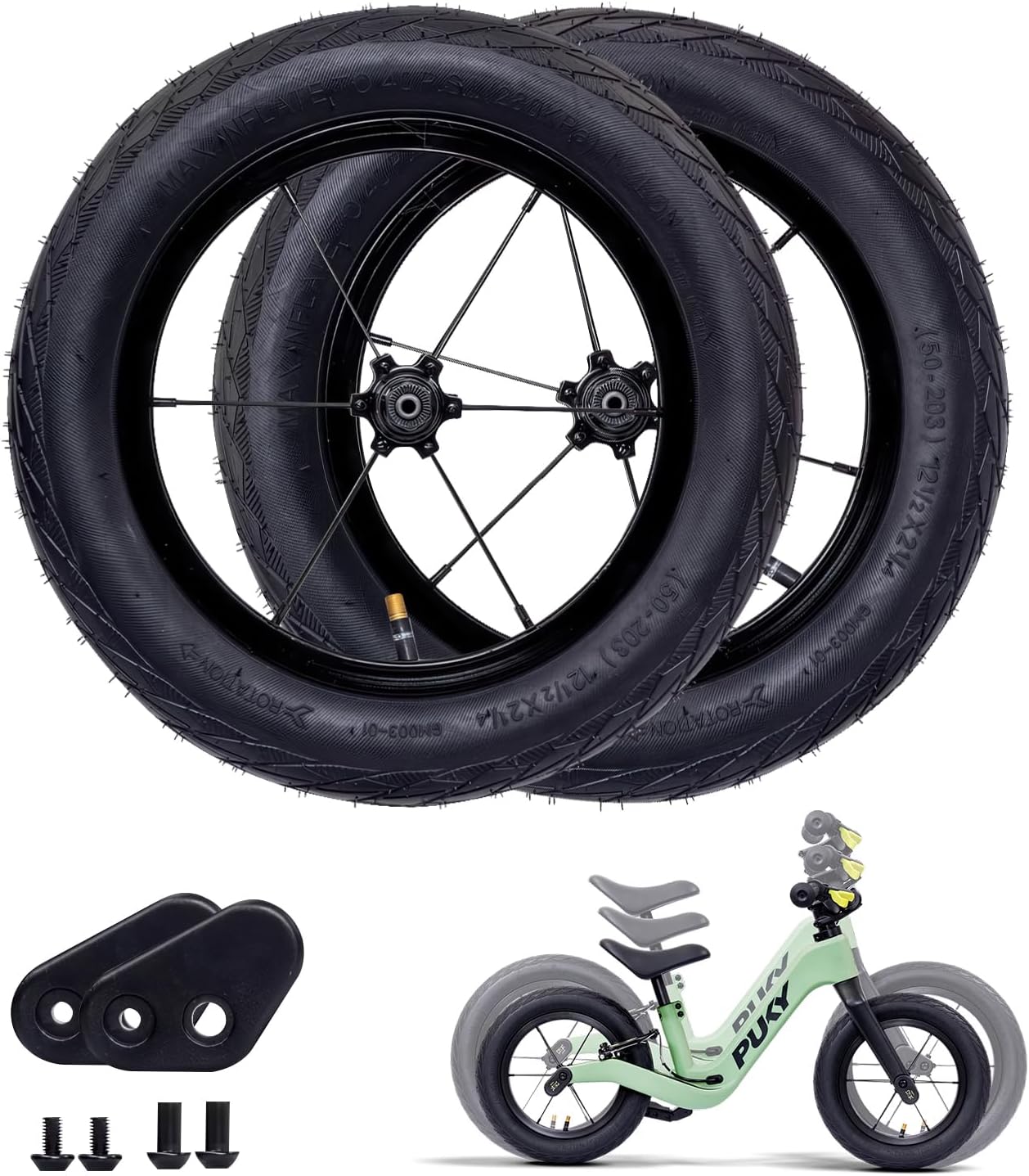 PUKY Next 14 inch wheel set, black, 2 x pneumatic tyres, 14 inches, for children's balance bike from 2-6 years, balance bike tyres, flipchip wheels, spare parts for learning bike, robust tyres