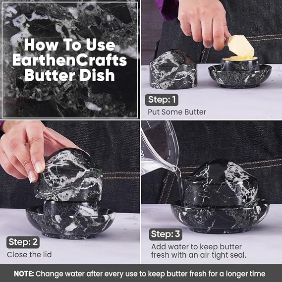 Earthen Crafts Marble Butter Keeper with Lid 3 Inches Black Mini Butter Container Countertop Storage, Ideal Butter Dish, Butter Holder & Butter Crock For Kitchen Counter With Water