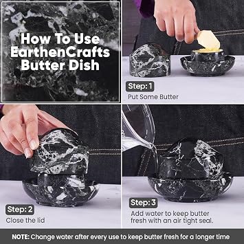 Earthen Crafts Marble Butter Keeper with Lid 3 Inches Black Mini Butter Container Countertop Storage, Ideal Butter Dish, Butter Holder & Butter Crock For Kitchen Counter With Water