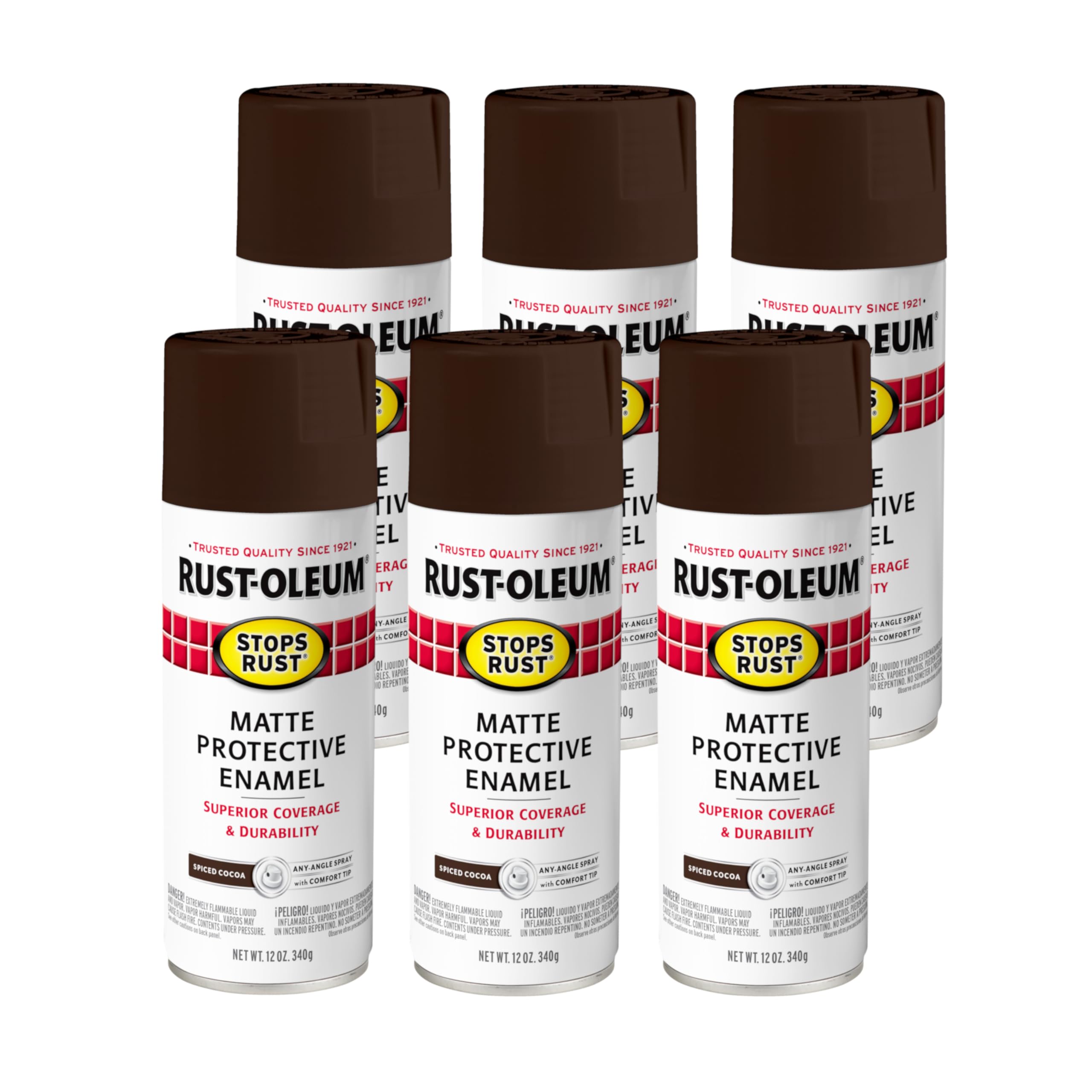 Rust-Oleum Stops Rust Spray Paint, Matte Spiced Cocoa | Rust Resistant, Indoor and Outdoor, Beautiful Finish on Metal, Wood and More, Sprays from Any Angle, 12 oz, 6 Pack