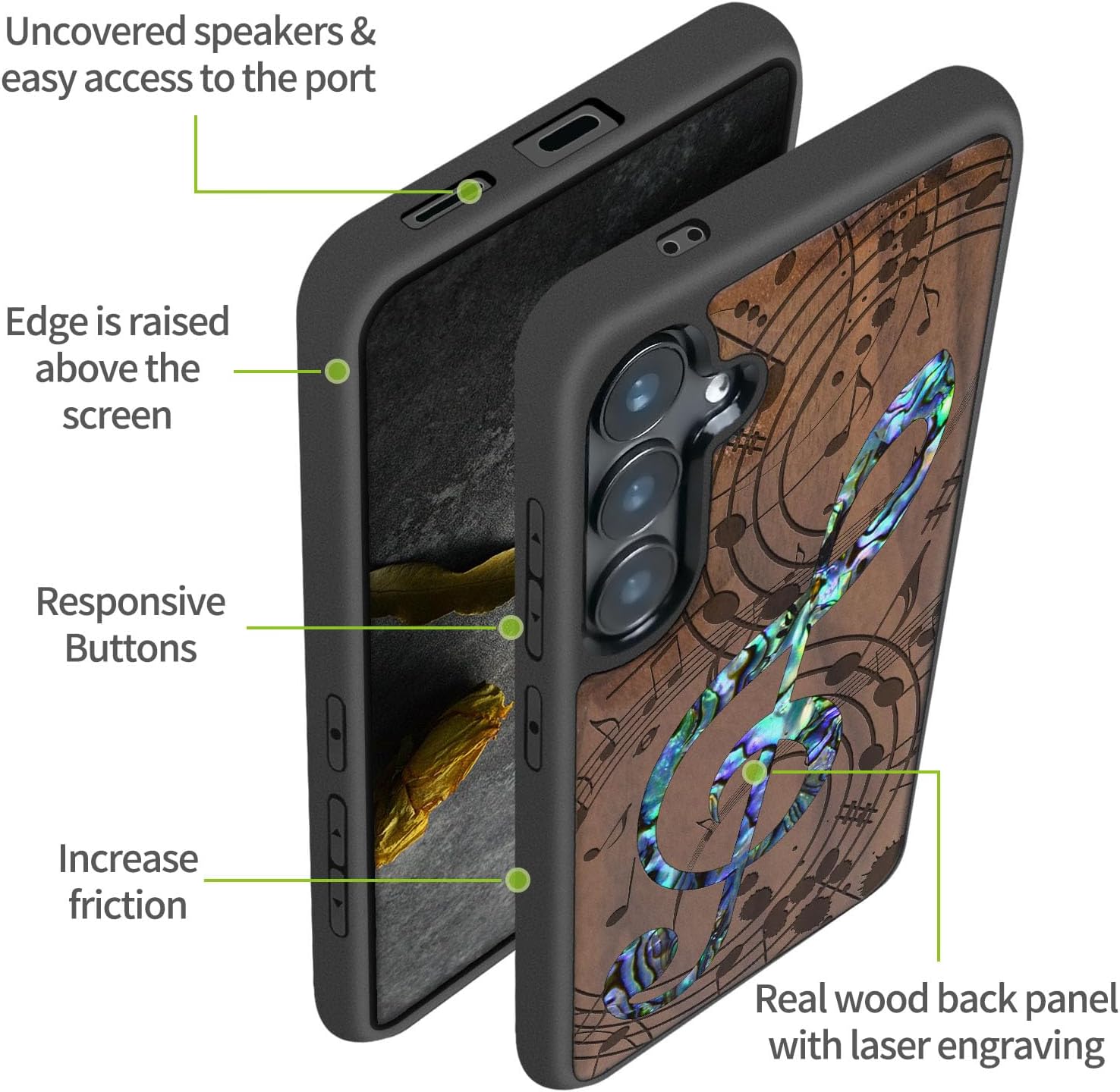 Carveit Magnetic Wooden Case for Samsung Galaxy S25 Case, Wood Artisan Engraved & Handmade Shell Inlaid, Compatible with MagSafe Wireless Chargers (Musical Note) Walnut