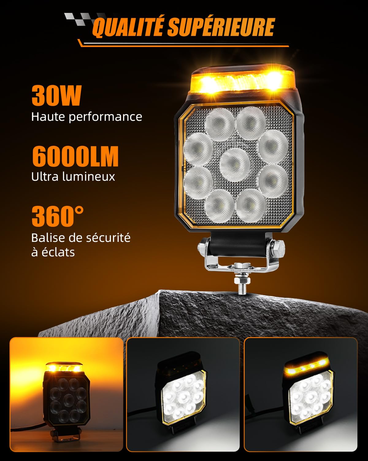 CO LIGHT Phare de Travail LED 4 Pouces 2 en 1 avec Feu d’Avertissement 360° pour Chariot élévateur, excavatrice, Camions Tracteurs Engins de Chantier Véhicules Agricoles 12V 24V
