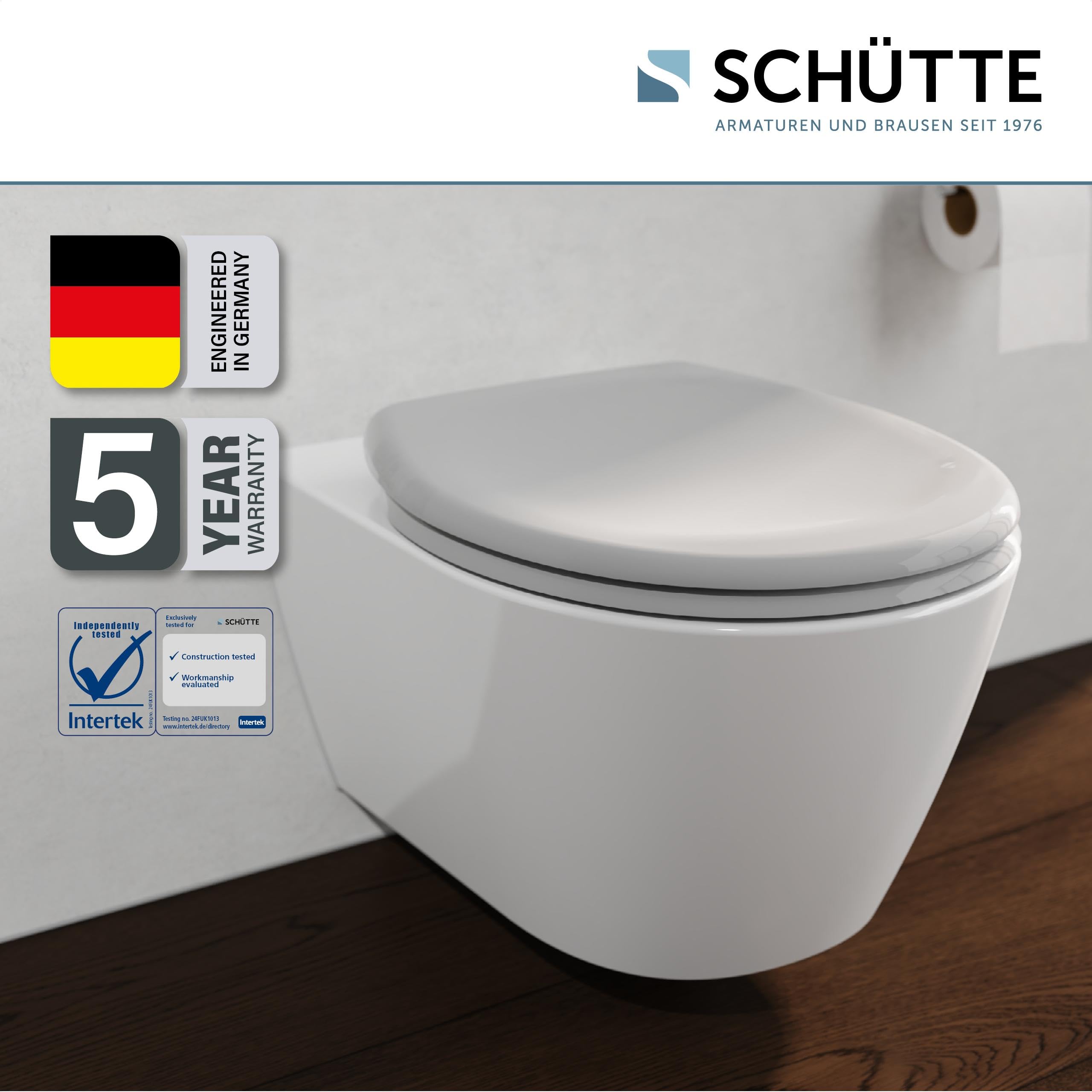 SCHÜTTE Oval WC-Sitz mit Absenkautomatik, Abnehmbarer Klodeckel aus bruchsicherem Duroplast, DIY Montage mit Klebepads und Schablone, Toilettendeckel und Brille bis 200 kg belastbar, Grau