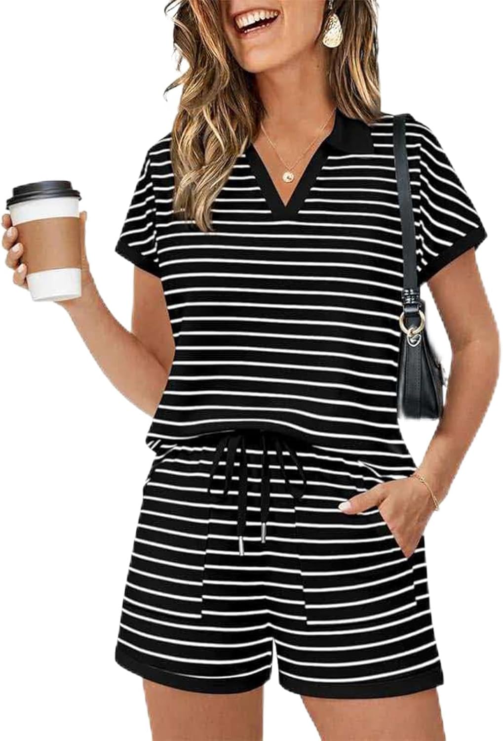 2 Piece Lounge Sets for Women Summer Striped V Neck Shirt Matching Short Sets Casual Vacation Airport Outfits 2026