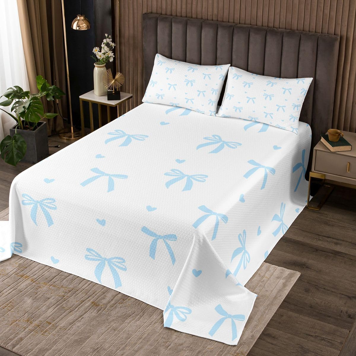 jejeloiu Blue Bowknot Bedspread King Size Girl Bow Coverlet Set Bowknot Heart Quilted Coverlet for All Season with 2 Pillowcases Coquette Bows Microfiber Lightweight