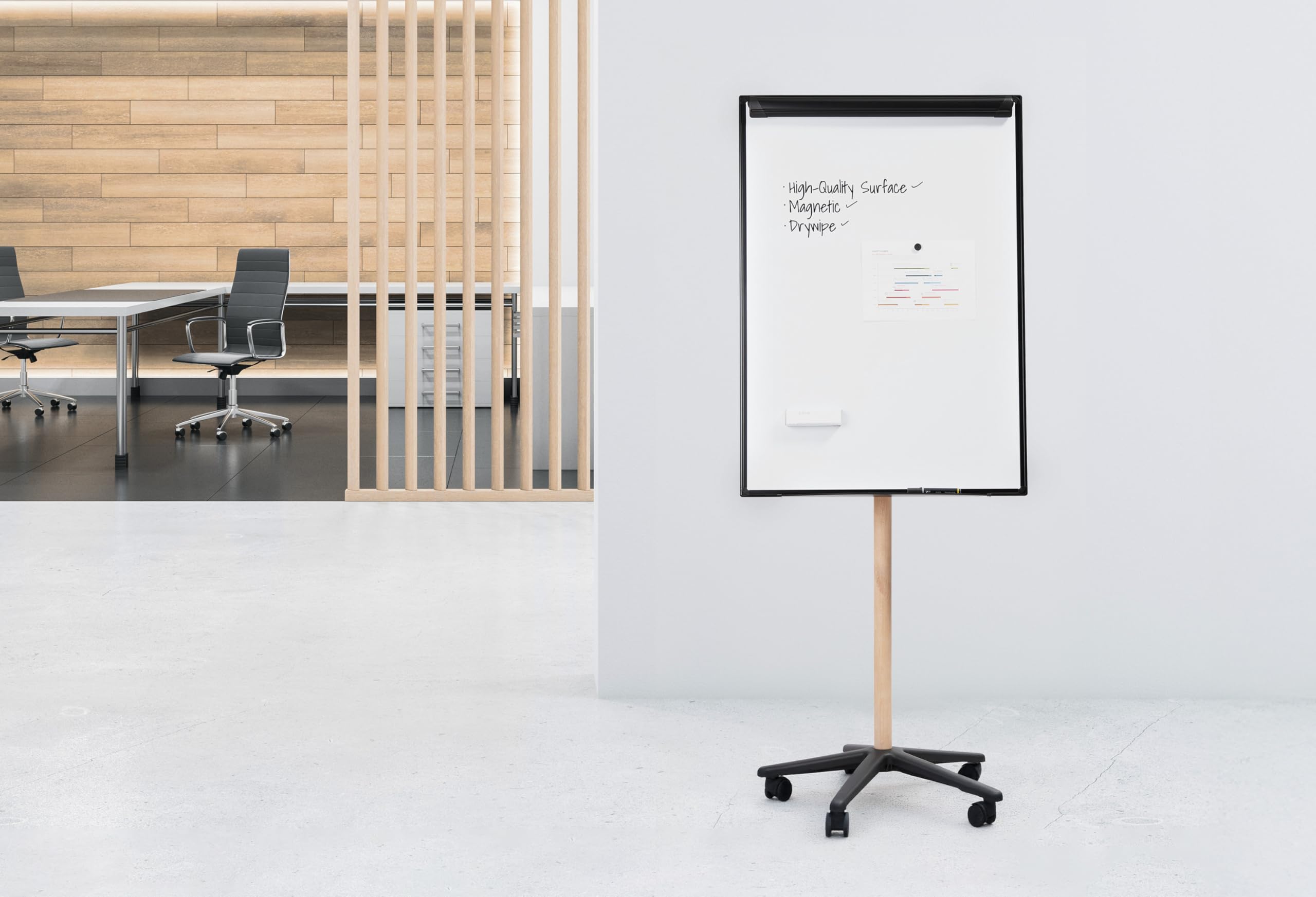 Bi-Office Essence Flipchart Mobile Easel, Superficie magnetica in acciaio laccato, struttura in alluminio nero e legno naturale