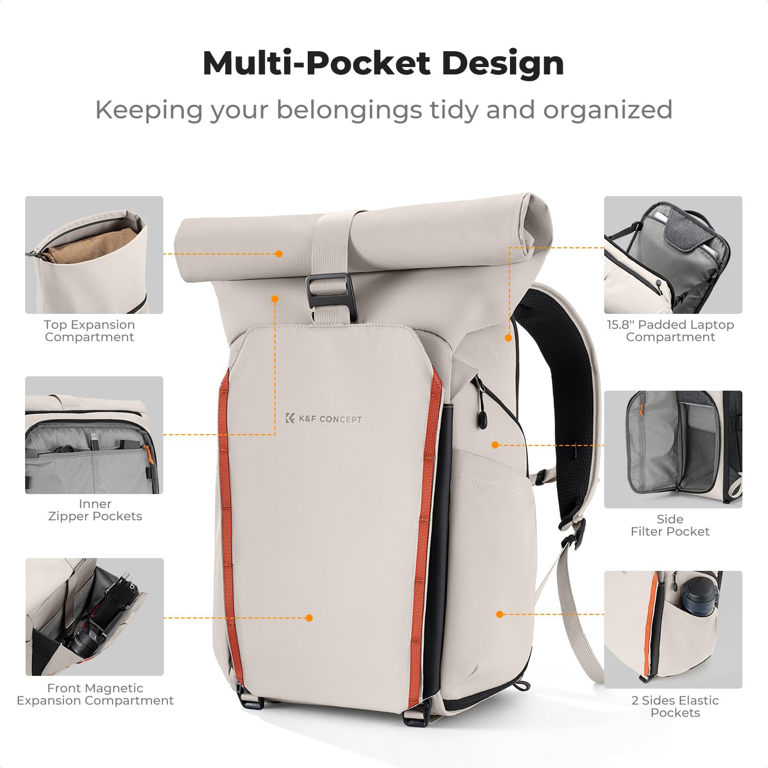 K&F CONCEPT Kamerarucksack mit Rolltop-Erweiterung | großer Fotorucksack mit vollständiger Rückseite zum Öffnen, Schnellzugriff und Laptopfach für Geräte bis zu 15,6 Zoll