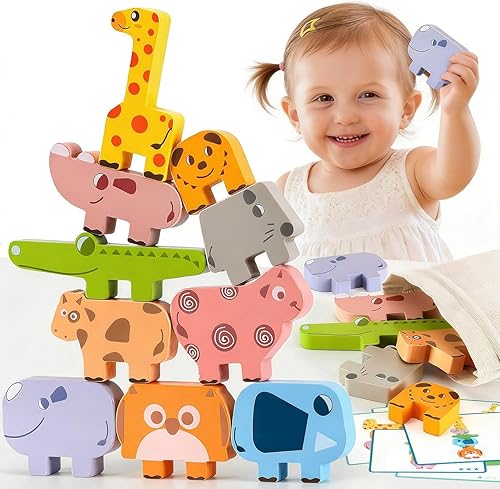 Juguetes Montessori para niños y niñas de 2, 3 y 4 años, bloques apilables de animales de madera para niños pequeños de 1 a 3 años - Bloques de