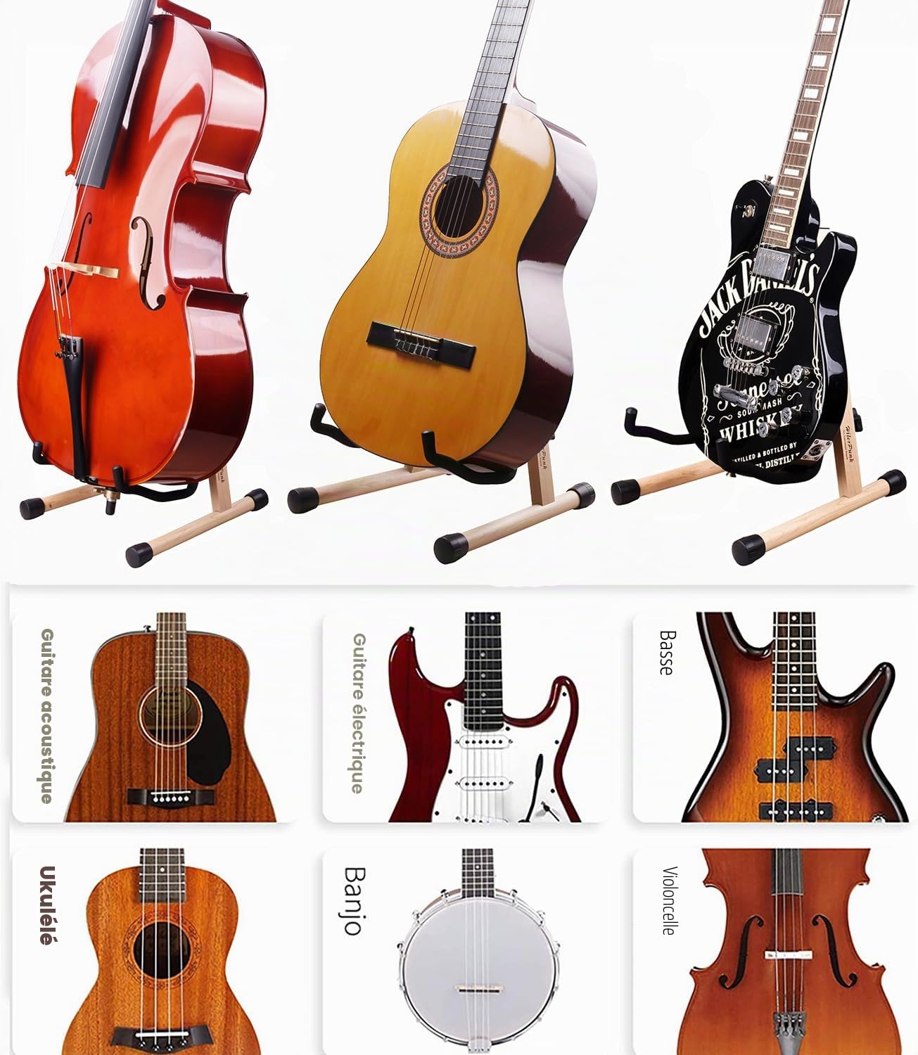 Pied de Guitare en Bois Massif - Support Pliable A-Frame Réglable pour Guitares Acoustiques, Électriques, Basse, Violoncelle, Banjo, Mandoline, Ukulélé