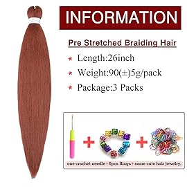 Ginger Braiding Hair Pre Stretched 26inch 3 Packs Copper Red Braiding hair Extensions Synthetic Crochet Braids, Hot Water Setting Professional Soft Yaki Texture. (26inch(3Packs),350)