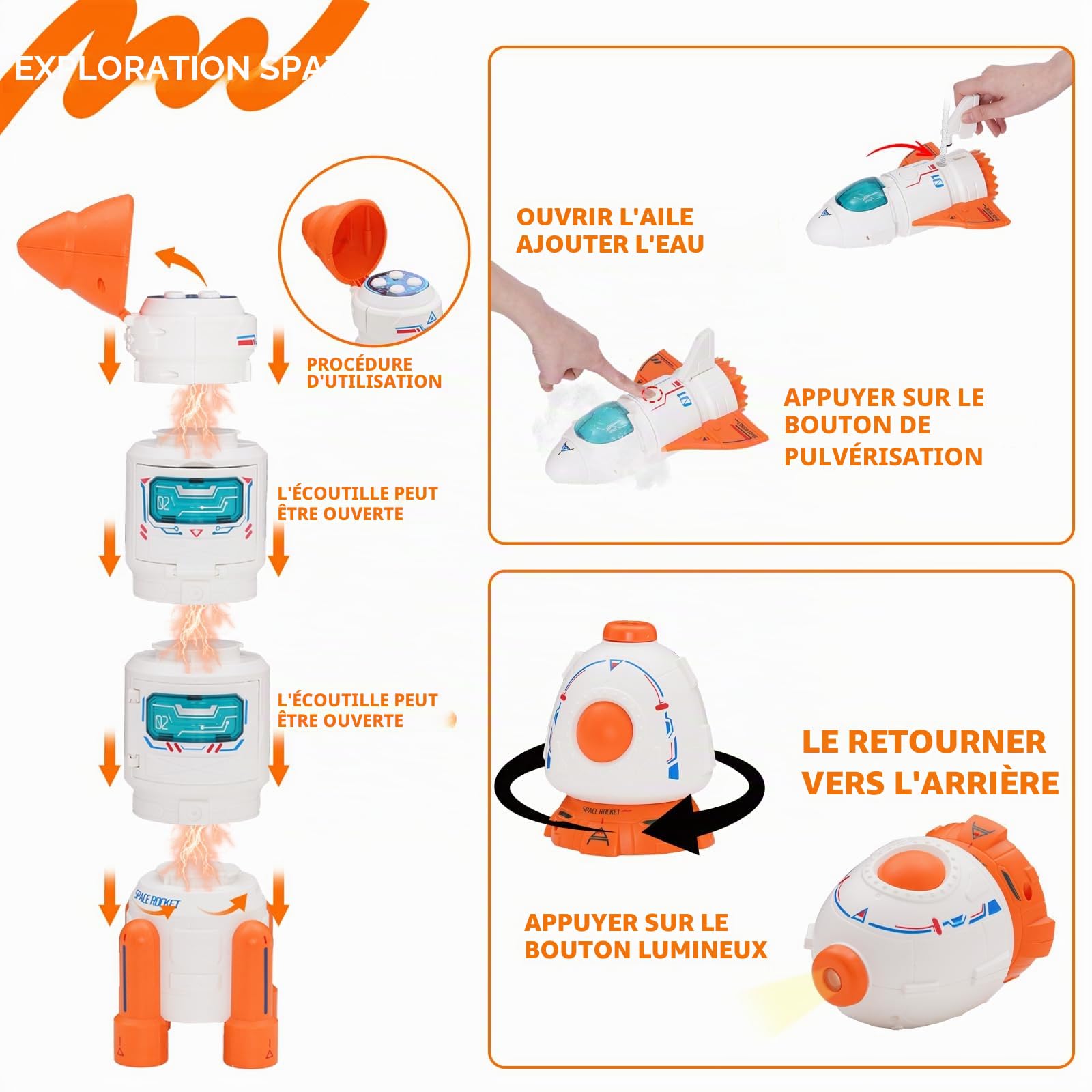 Fusée Spatiale pour Enfants - Fusée Jouet Espace & Navette Spatiale Jouets, Modèle avec Astronaute (Orange), Effets Sonores Lumineux, Éducatif 3 Ans et Plus