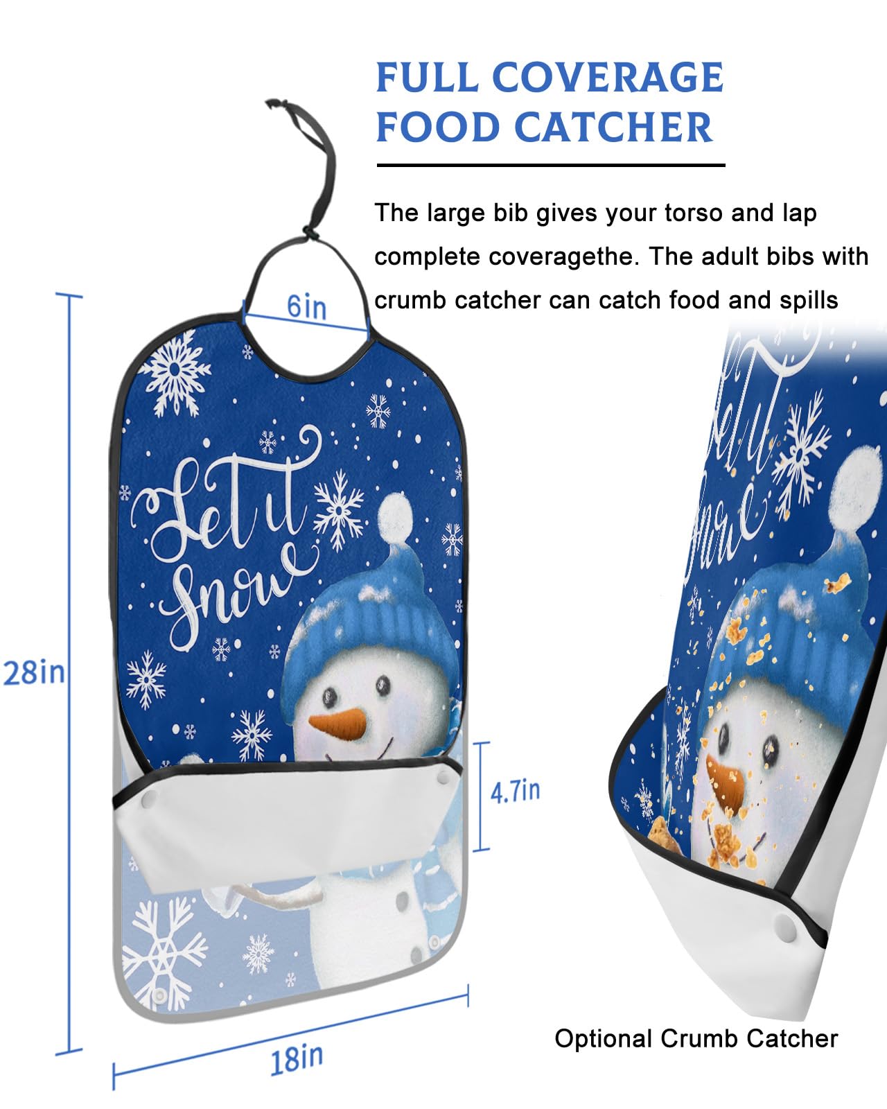 Jolunifun Blue Christmas Adult Bib for Adults Men, Women, Washable & Adjustable Terry Cloth Bib with Crumb Catcher Reusable Waterproof Clothing Clothes Protector Apron Winter Snowflake Snowman