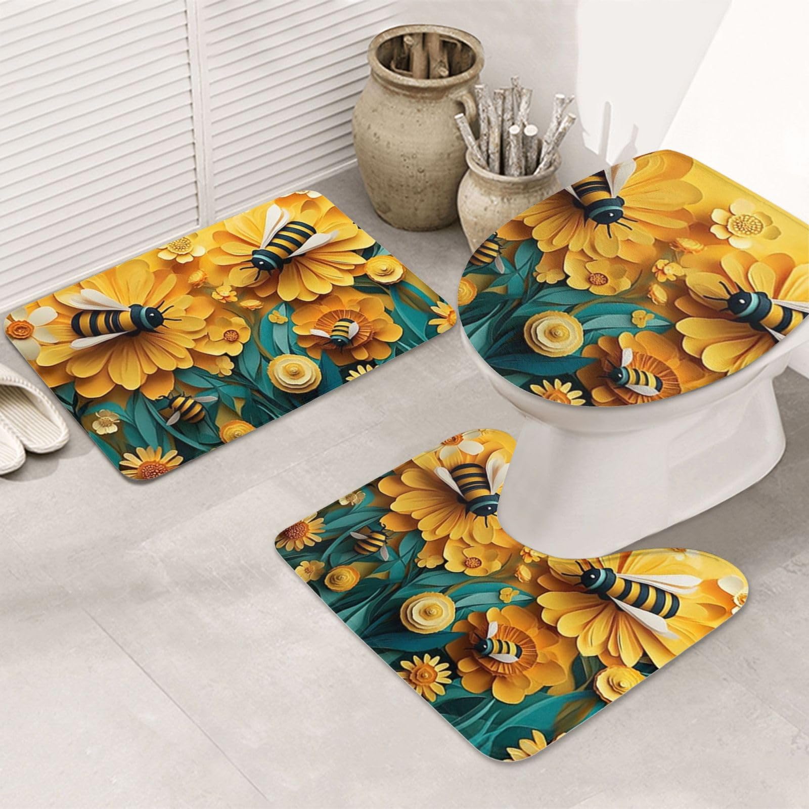 Juego de alfombras de baño de abejas de 3 piezas antideslizantes
