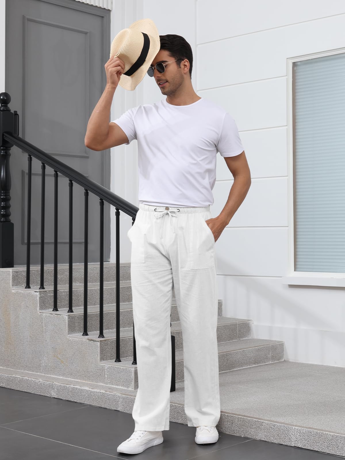 Pantalon Lin Homme Pantalon de Loisir Ample Pantalon Été Léger pour Homme avec Poches Ceinture Élastique et Cordon de Serrage