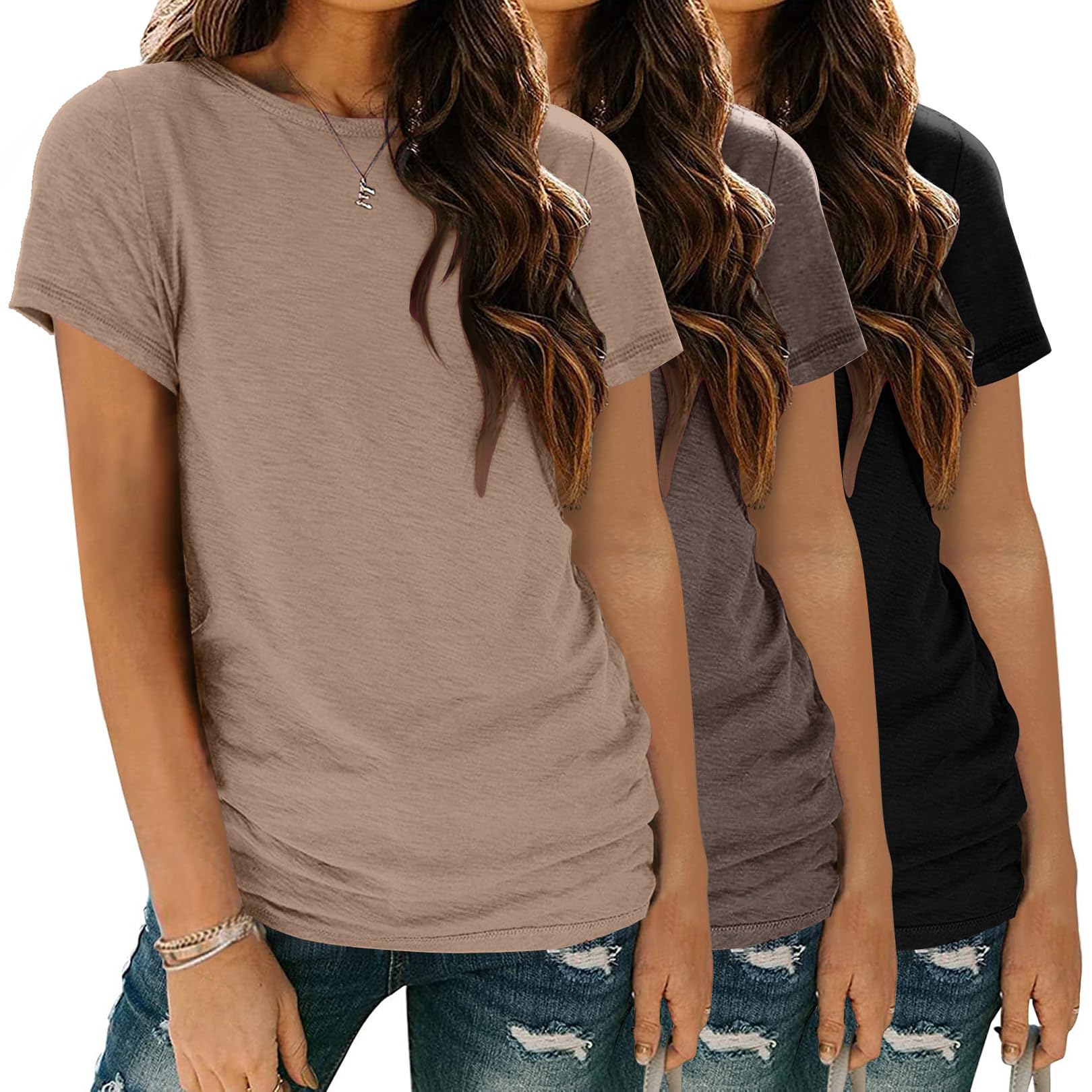 Zeagoo Short Sleeve Shirts Basic Tees 3 Pack Crewneck Tshirts Lightweight Soft Fashion 2025 Casual Summer Tops