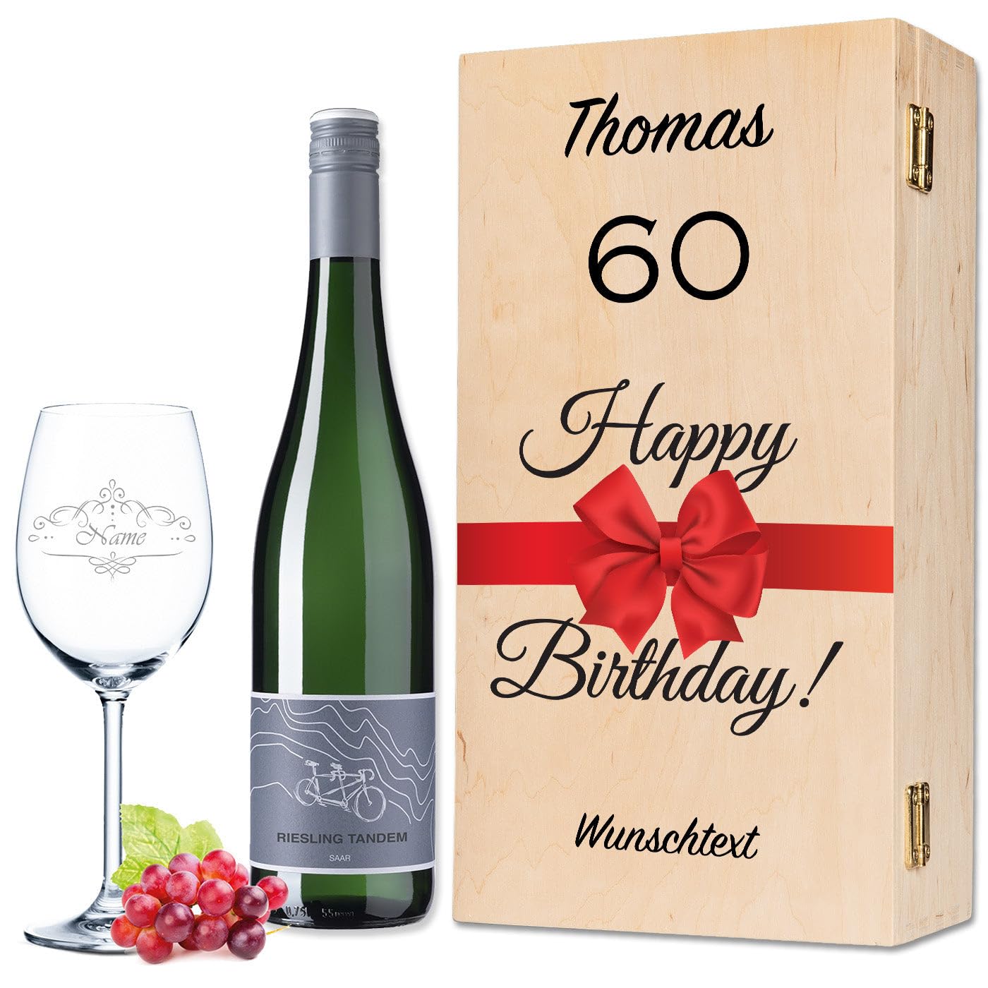 GRAVURZEILE Leonardo Weinglas mit Gravur - Happy Birthday 60 Jahre - Personalisiert mit Name & Text - inkl. Holzkiste & Flasche Wein von Riesling Tandem - Geschenk Set zum 60. Geburtstag für Sie & Ihn