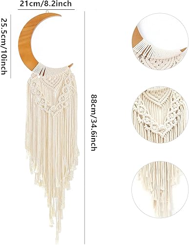 Vista 10 de ANROYE Macramé para colgar en la pared, decoración bohemia de luna creciente con borla larga, tapiz de madera único hecho a mano, decoración