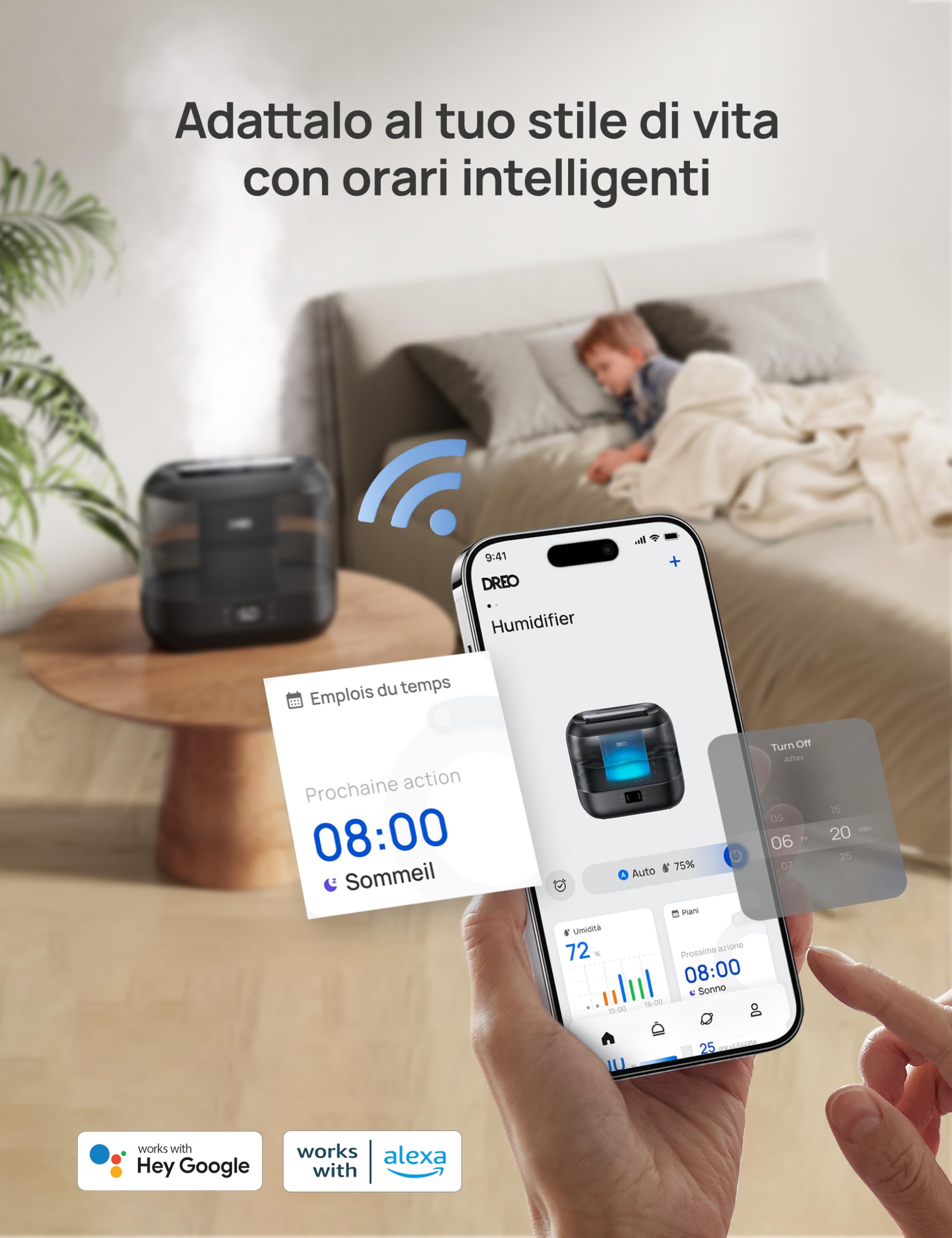 Dreo Umidificatore Smart per la Camera da Letto, Riempimento Superiore da 4L con Nebbia Fredda e Diffusore di Olio e Luce Notturna, Autonomia di 32 ore, Umidificatori Silenziosi per Casa, Ufficio