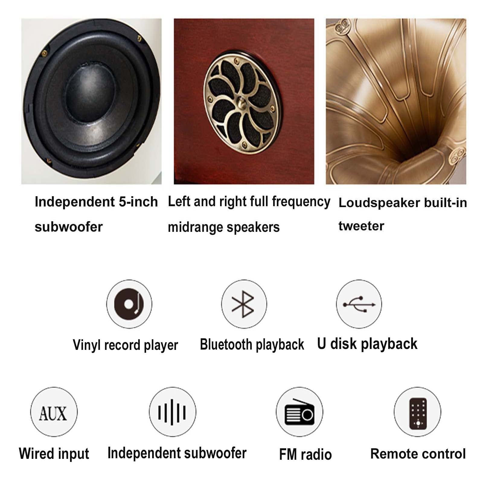 Giradischi Retrò Giradischi, Fonografo Classico In Alluminio, Giradischi In Vinile 33/45/78 Giri/min, Supporto 7"/10"/12"Dischi In Vinile, Clacson In Rame, Telecomando, Ingresso Aux-in/USB/F(Color:B)