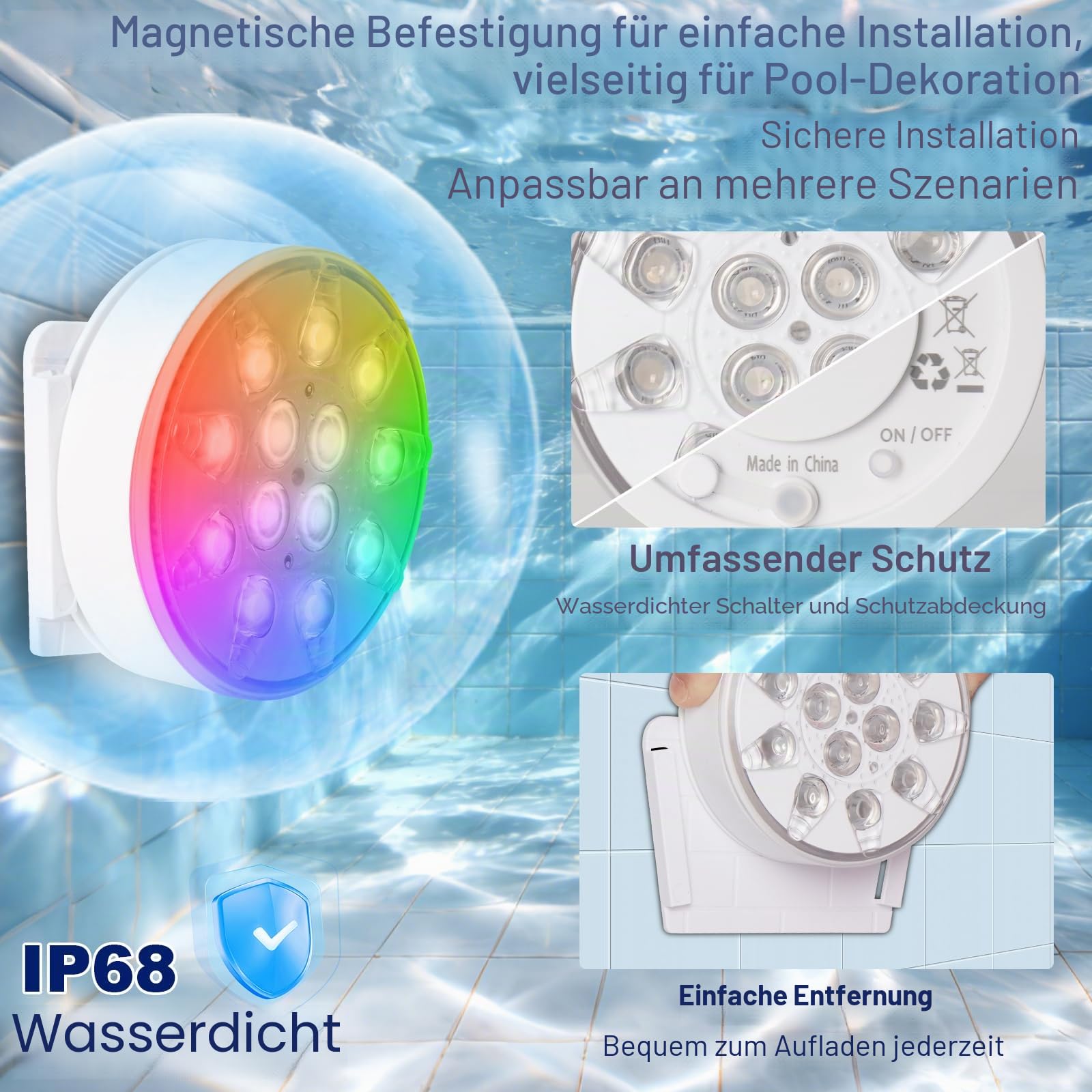 2 Stück Unterwasser LED mit Fernbedienung, Pool Beleuchtung Unterwasser, RGB-Multi-Farbwechsel mit IP68-Wasserdicht, Wiederaufladbare Magnetische Pool lichter für Schwimmbad, Spa, Aquarium, Party