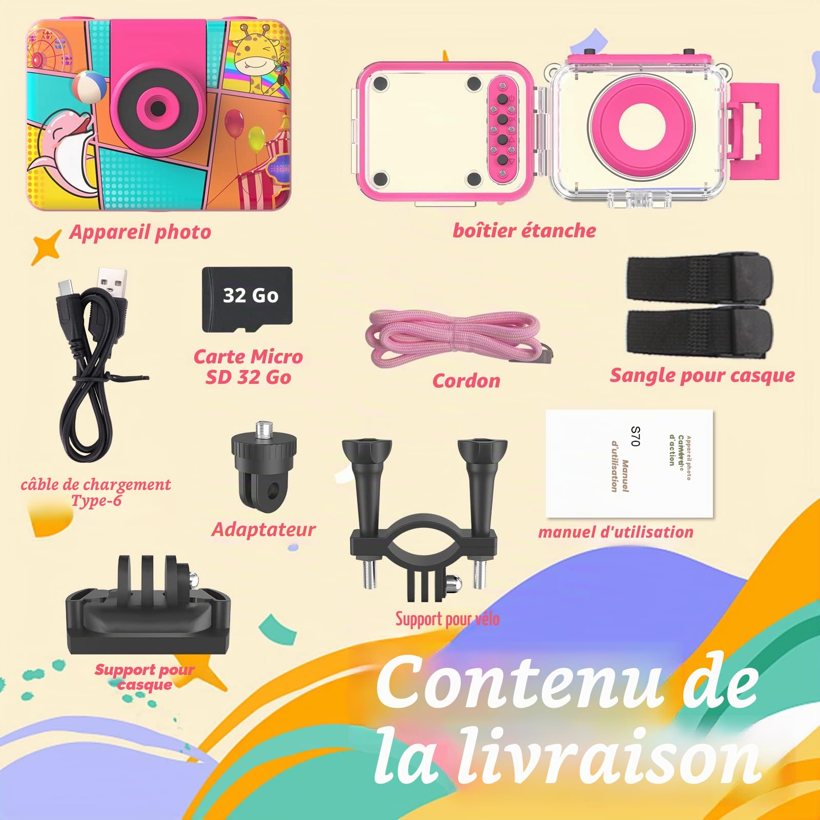 Ushining Appareil Photo Enfant Étanche, 1080P Caméra Vidéo d'action sous-Marine Enfant Appareil Photo Selfie Numérique avec Écran 2,0 Pouces Carte TF 32 Go, Cadeau pour Filles Garçons 3-12 Ans, Rose