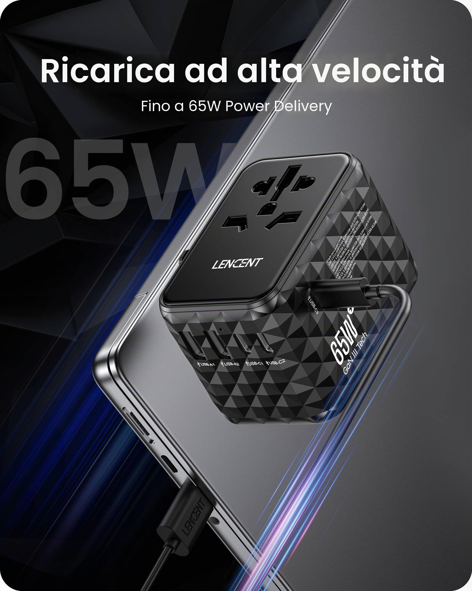 LENCENT 65W Adattatore Universale da Viaggio, Adattatore Presa con 2 USB-A | e 3 USB-C, Caricatore Alimentazione Rapida per Telefono Cellulare, Laptop, Spina Internazionale per UK, EU, AUS, USA -Bianco